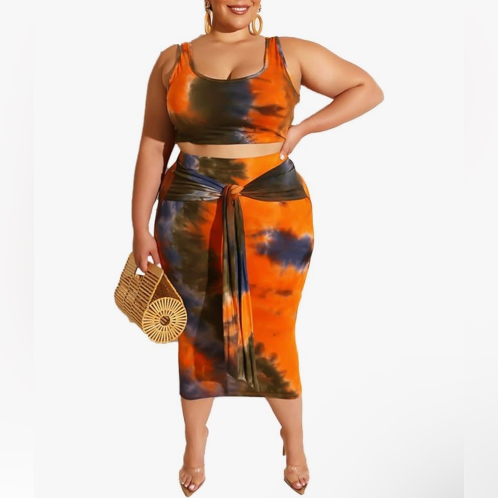 Orange Tie-Dye Crop Tank Maxi Skirt Set XL NWOT